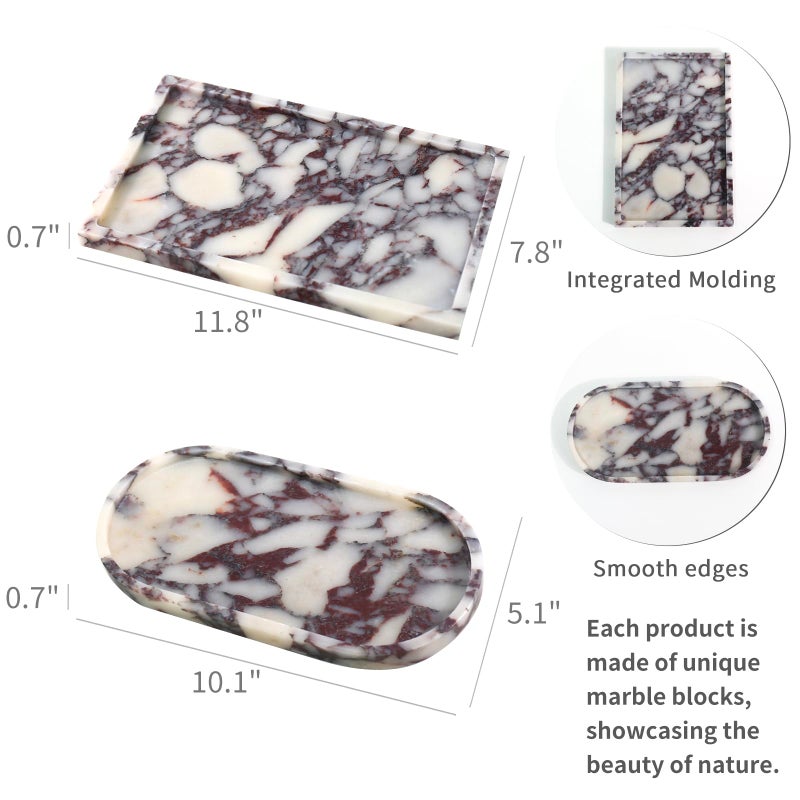 DUANYAN Real Luxurious Natural Marble Vanity Tray Genuine Marble Storage Tray for Home Decor Stone Tray for Bathroom/Kitchen/Vanity/Dresser Non-Resin/Non-Ceramic/Viola Oval Set - Image 2